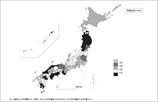 都道府県別65歳以上人口の指数2040（平成52）年